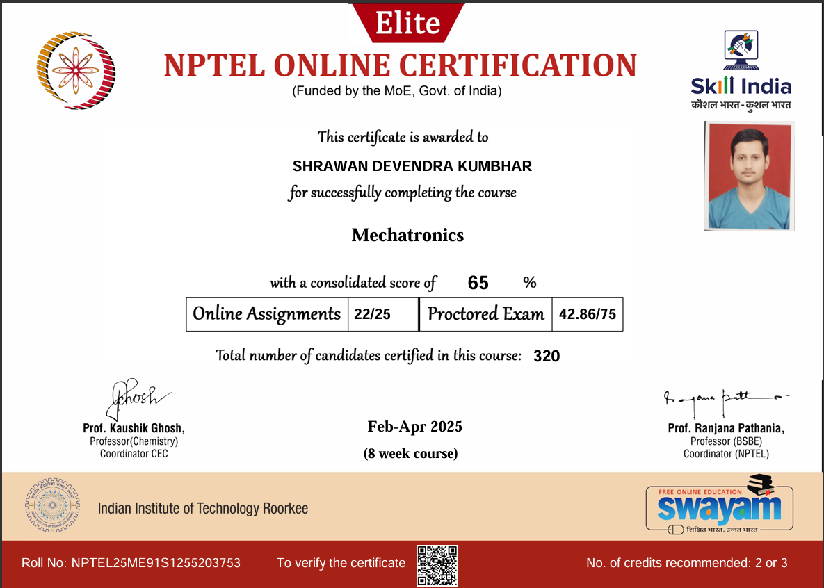 NPTEL Mechatronics Certificate